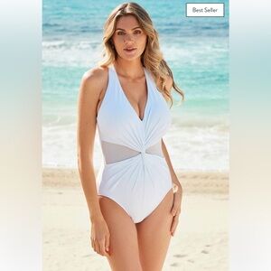 Miraclesuit white wrapture one piece V neck halter shapes slims stretch 10 NWT